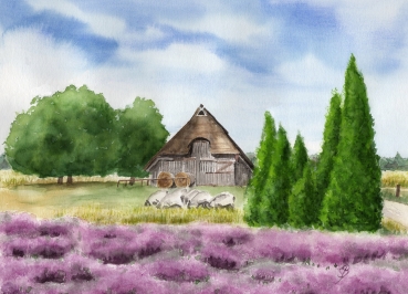 Postkarte DIN-A5   Aquarell Kunst Druck Kunstdruck Lüneburger Heide Lüneburg Landschaft Kutsche Kutschfahrt